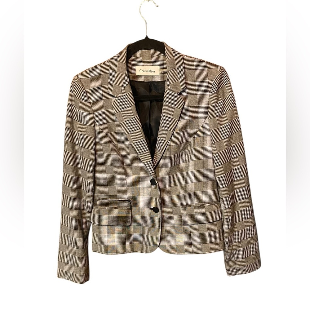 Calvin Klein Black & White Checkered Blazer Petite 8 Tailored Office